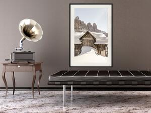 Plakát Zima v Dolomitech - malý dřevěný domeček v horách zasypán sněhem