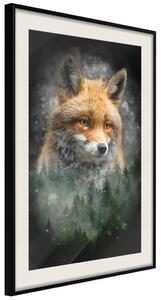 Plakát Lesní život - fantaskní krajina lišky a zeleného lesa na černém pozadí