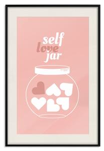 Plakát Sklenice sebelásky - sklenice srdcí a anglické texty na růžovém pozadí