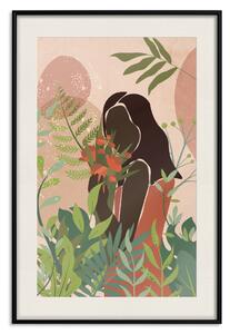 Plakát Žena v zeleni - černá žena mezi rostlinami na abstraktním pozadí