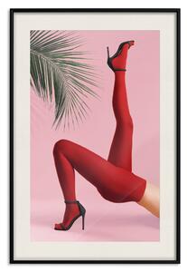 Plakát Červené punčocháče - ženské nohy, jehlové podpatky, palmový list, růžové pozadí