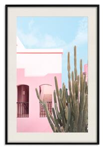 Plakát Kaktus Miami - růžový dovolenkový dům na pozadí modrého nebe a světla