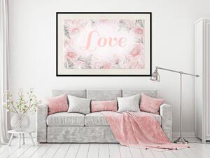 Plakát Love - romantický nápis na pozadí růží mezi rostlinami a listy