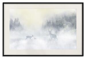 Plakát Srna a jelen v mlze - zvířata na pozadí jezera lesa a hor