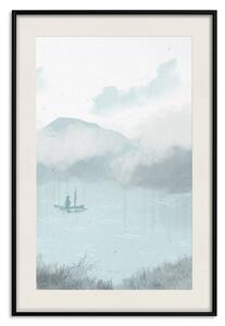 Plakát Rybolov ráno - malá loďka na zamlžených horách