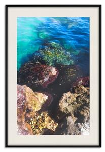 Plakát Skalnaté mořské pobřeží - fotografie barevných kamenů a modré vody