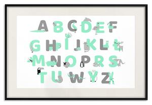 Plakát Polská abeceda pro děti - šedá a mátová písmena se zvířátky