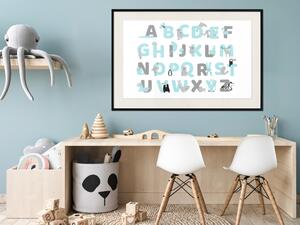 Plakát Anglická abeceda pro děti - šedá a modrá písmena se zvířaty