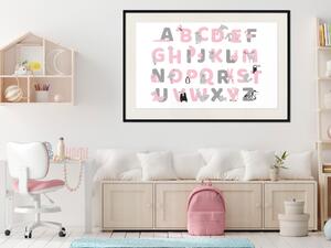 Plakát Anglická abeceda pro děti - šedá a růžová písmena se zvířaty
