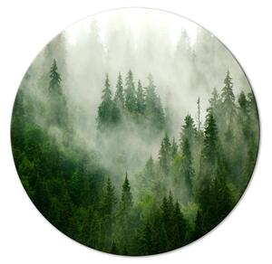 Kulatý obraz Mlžný les - zelená krajina s lesy mezi vysokými horami