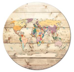 Kulatý obraz Mapa světa - barevné kontinenty na pozadí z dřevěných desek