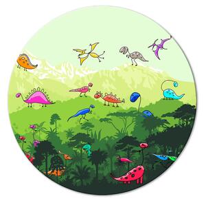 Kulatý obraz Dinosauři - veselí barevní draci v dětském vysněném lese