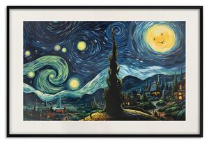 Plakát Hvězdná noc - krajina ve van Goghově stylu s usmívajícím se měsícem
