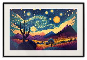 Plakát Impresionistická krajina - hory a louky pod oblohou plnou hvězd