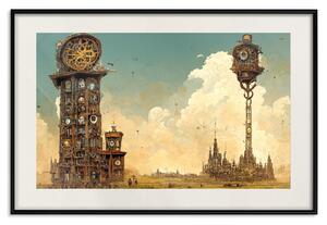 Plakát Vintage hodiny v pouštním městě - surrealistická hnědá kompozice