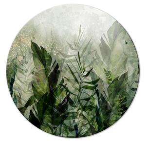 Kulatý obraz Tropické rostliny - džungle v mlžné rose v odstínech zelené barvy