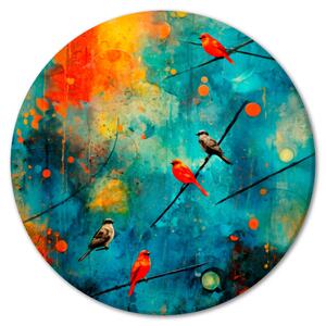 Kulatý obraz Ptačí shromáždění - barevní ptáci na pestrobarevném abstraktním pozadí