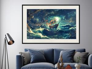 Plakát Zapomenutá plavba - pirátská loď plující rozbouřenými vlnami