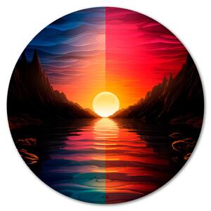 Kulatý obraz Fialový západ slunce - oranžové slunce zapadající za horskou řeku
