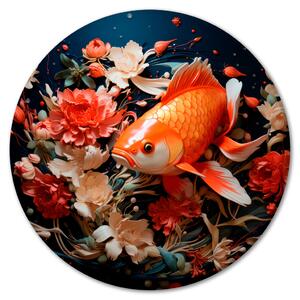 Kulatý obraz Splním ti tři přání - zlatá rybka na pozadí květin ve vodě