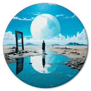 Kulatý obraz Zrcadlové imprese - postava odrážející se ve vodě s měsícem v pozadí