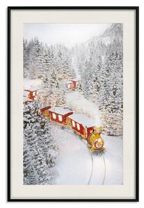 Plakát Vánoční vlak - červený vlak projíždějící zasněženým lesem