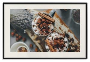 Plakát Horká čokoláda - hrnky plné kakaa s marshmallows posypané skořicí