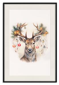 Plakát Vánoční host - akvarelová ilustrace jelena se zdobeným parožím