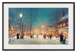 Plakát Zimní pohlednice - zasněžená ulice osvětlená retro lucernami
