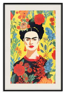 Plakát Frida Kahlo - Geometric Portrait on Yellow Floral Background