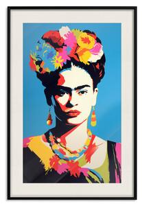 Plakát Modrý portrét - Frida Kahlo s květinami ve vlasech v pop-artovém stylu