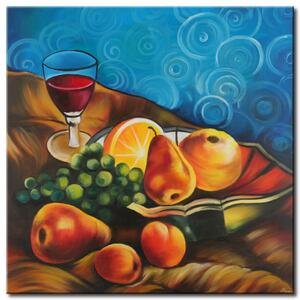 Obraz Příroda s ovocem (1 díl) - hrušky a víno na modrém pozadí