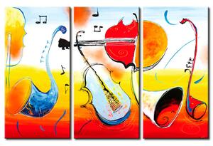 Obraz Hudební nástroje (3 díly) - barevné kytary a trubky s notami