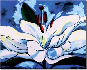 Obraz Kvete bílá lilie (1 díl) - rostlinný motiv na modrém pozadí