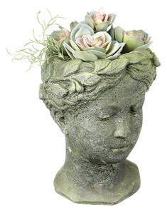 Šedo-zelený antik cementový květináč hlava ženy - 15*15*25 cm