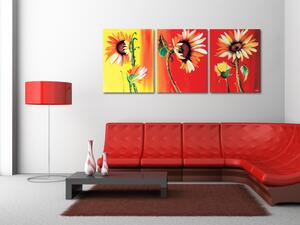 Obraz Tři slunečnice při západu slunce (3 díly) - květinový motiv