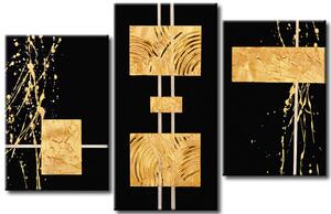 Obraz Abstrakce (3-dílný) - zlaté geometrické tvary na černém pozadí