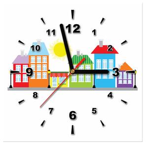 Obraz s hodinami Barevné domky Rozměry: 30 x 30 cm