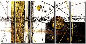 Obraz Šílený pohyb (5-dílný) - černobílá abstrakce se zlatým vzorem