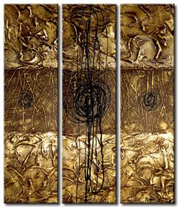 Obraz Fantazie času (3-dílný) - zlatá abstrakce s černým motivem nití