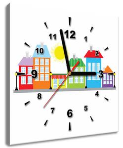 Obraz s hodinami Barevné domky Rozměry: 40 x 40 cm