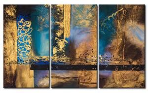 Obraz Fantazie (3-dílný) - abstrakce se zlatým vzorem na tyrkysovém pozadí