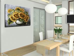 Obraz Slunečnice v džbánu (1-dílný) - kytice květin na šedém pozadí