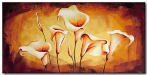 Obraz Jemné květy (5dílný) - světlé kálie na pozadí s prvky zlata