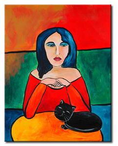 Obraz Dáma s černým kotem (1dílný) - portrét ženy na barevném pozadí