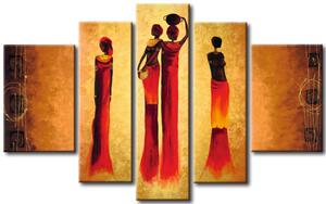 Obraz Africký motiv (5dílný) - postavy žen na oranžovém pozadí