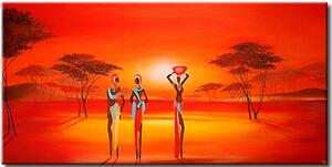 Obraz Africký motiv (1dílný) - ženy na savaně na pozadí slunce