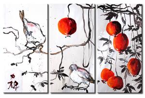 Obraz Orientální motiv (3dílný) - světlí ptáci mezi červenými plody
