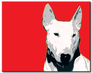 Obraz Bulteriér (1dílný) - abstrakce s bílým psem na červeném pozadí