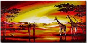 Obraz Krajina (1dílný) - lidé a žirafy na savaně při západu slunce